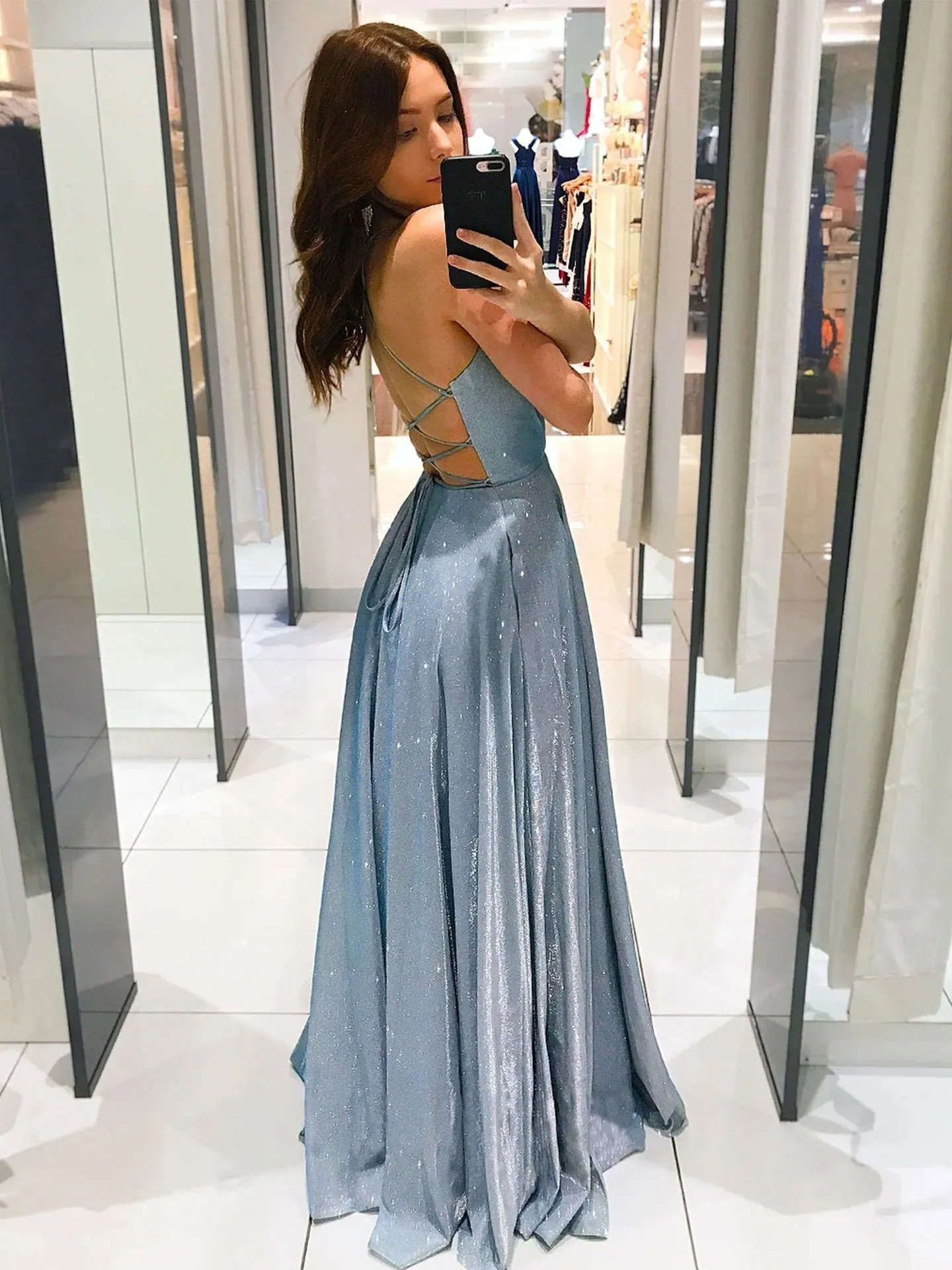 Simple blue satin long prom dress, blue evening dress