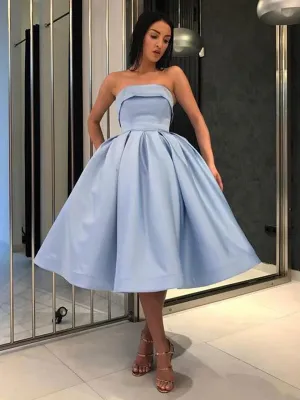 Simple blue satin short prom dress, blue evening dress