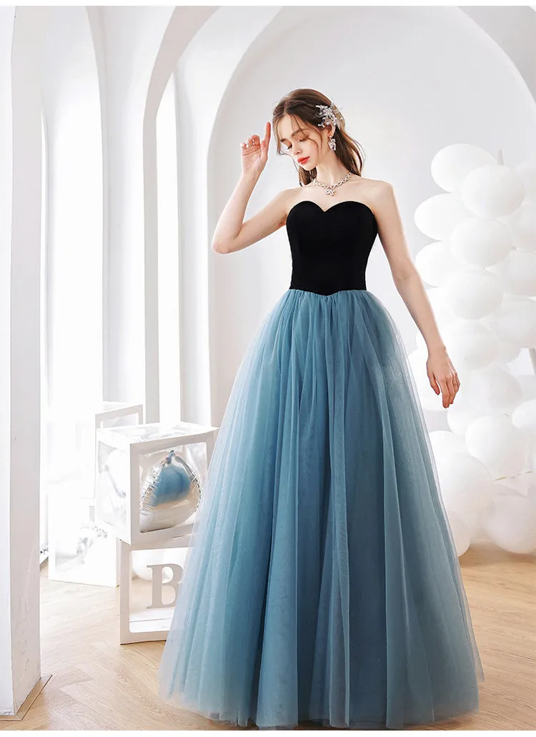 Simple blue tulle long prom dress A line blue formal dress