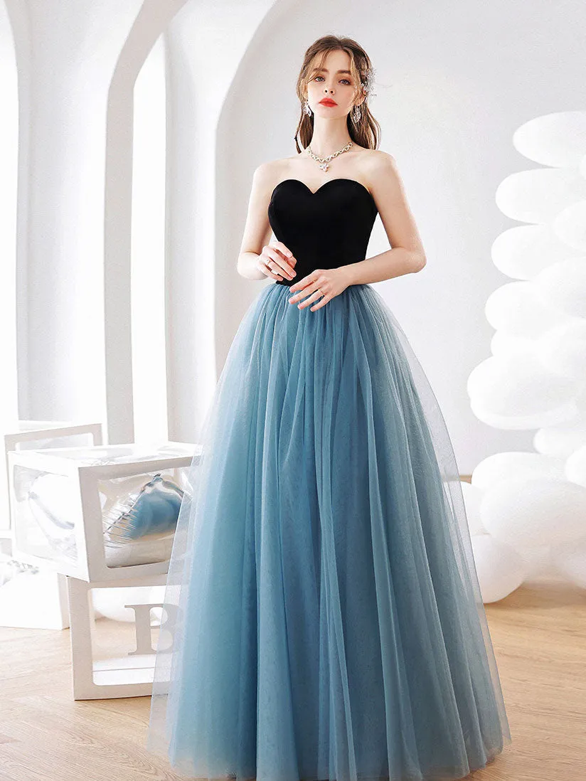 Simple blue tulle long prom dress A line blue formal dress