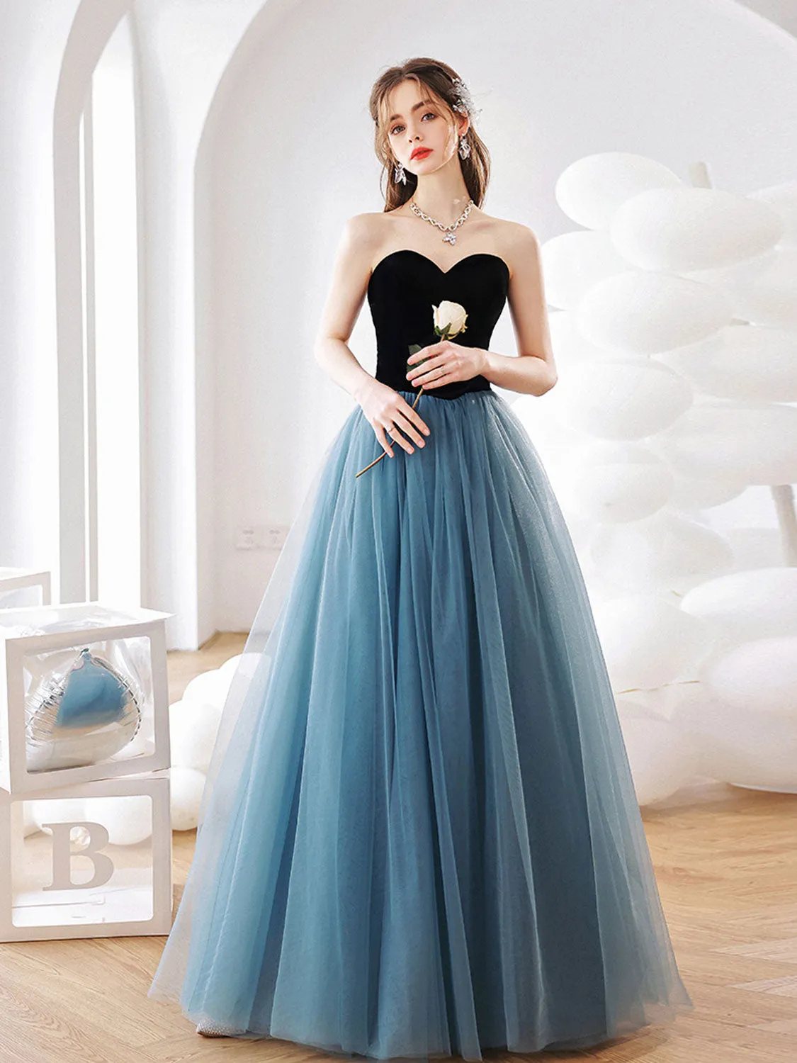 Simple blue tulle long prom dress A line blue formal dress