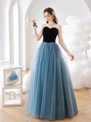 Simple blue tulle long prom dress A line blue formal dress