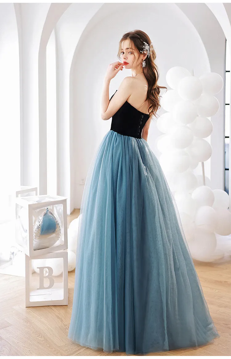 Simple blue tulle long prom dress A line blue formal dress