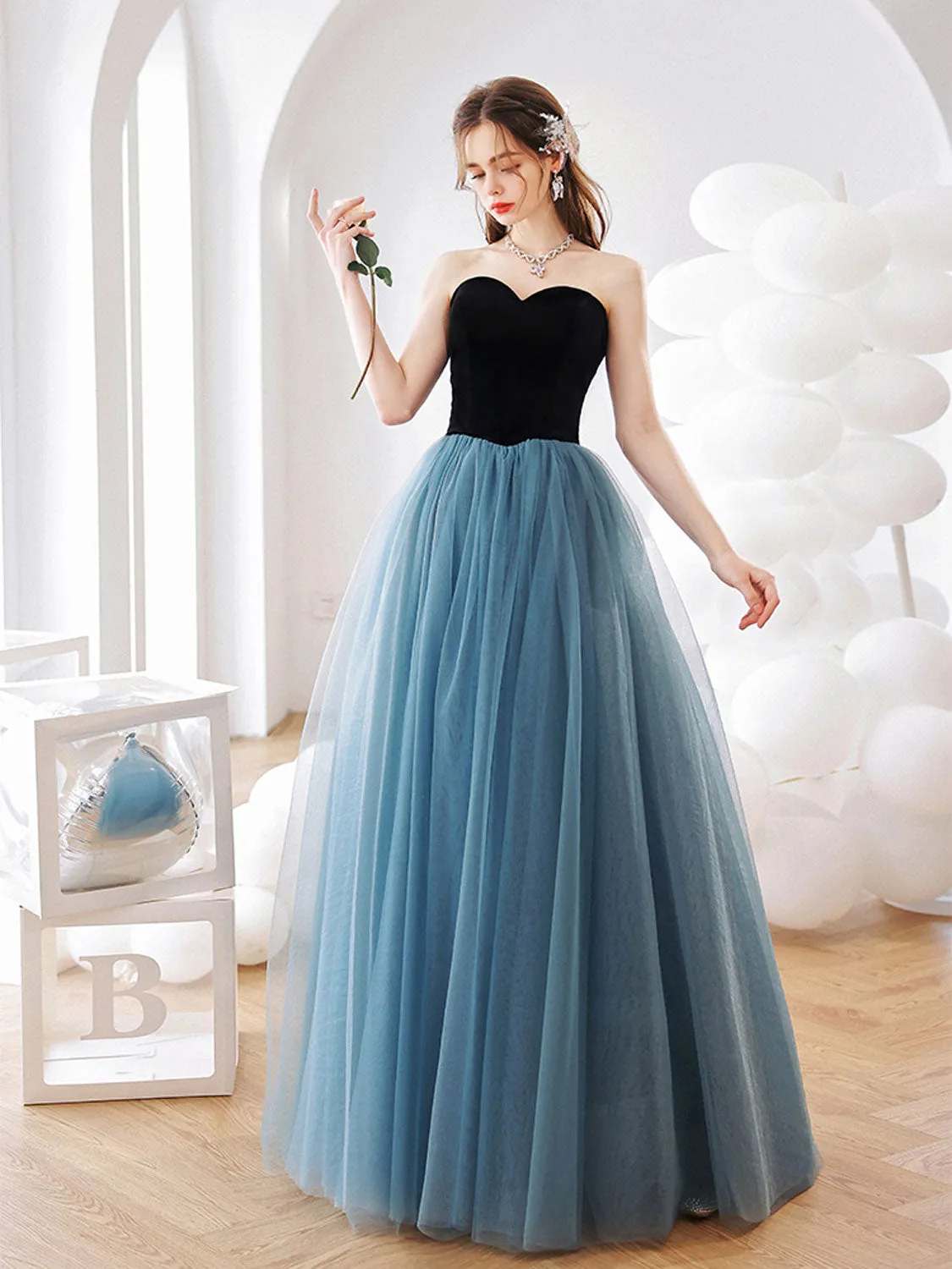 Simple blue tulle long prom dress A line blue formal dress