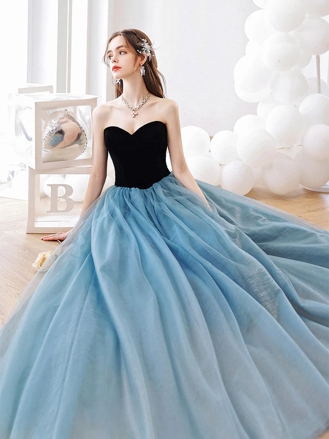 Simple blue tulle long prom dress A line blue formal dress