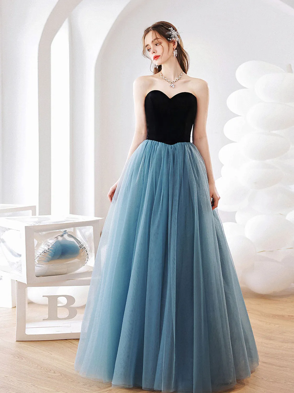 Simple blue tulle long prom dress A line blue formal dress