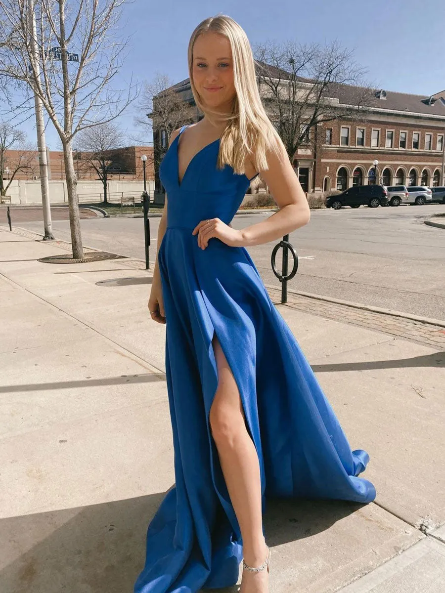 Simple blue v neck long prom dress, blue satin long evening dress
