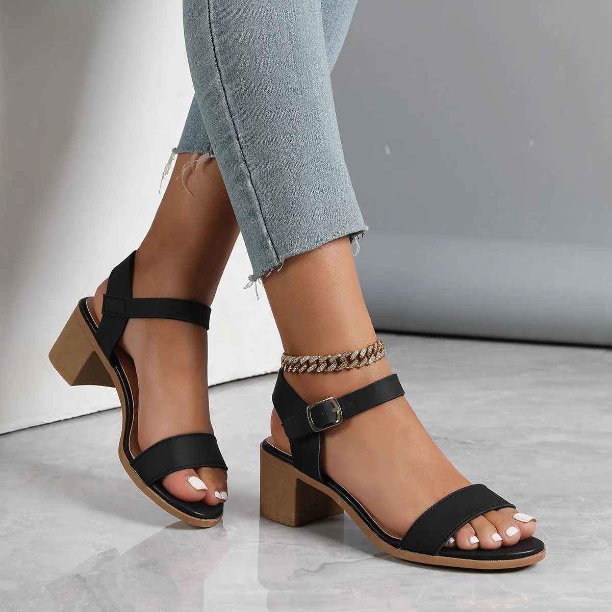 Simple Chunky Ankle-strap High Heels