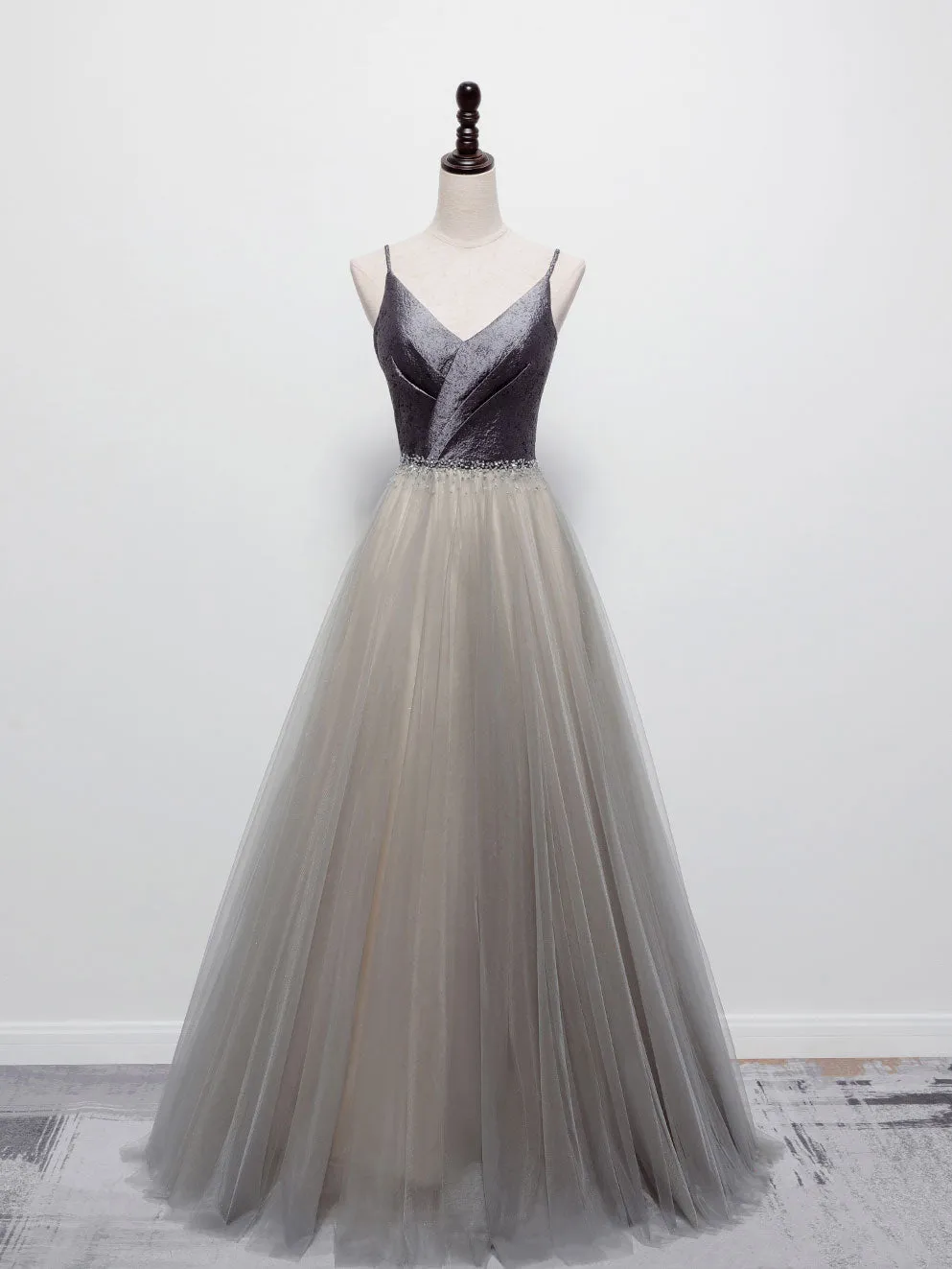 Simple gray v neck tulle long prom dress, gray tulle formal dress