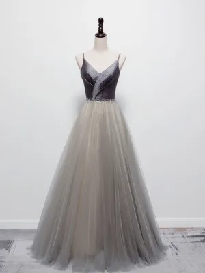Simple gray v neck tulle long prom dress, gray tulle formal dress