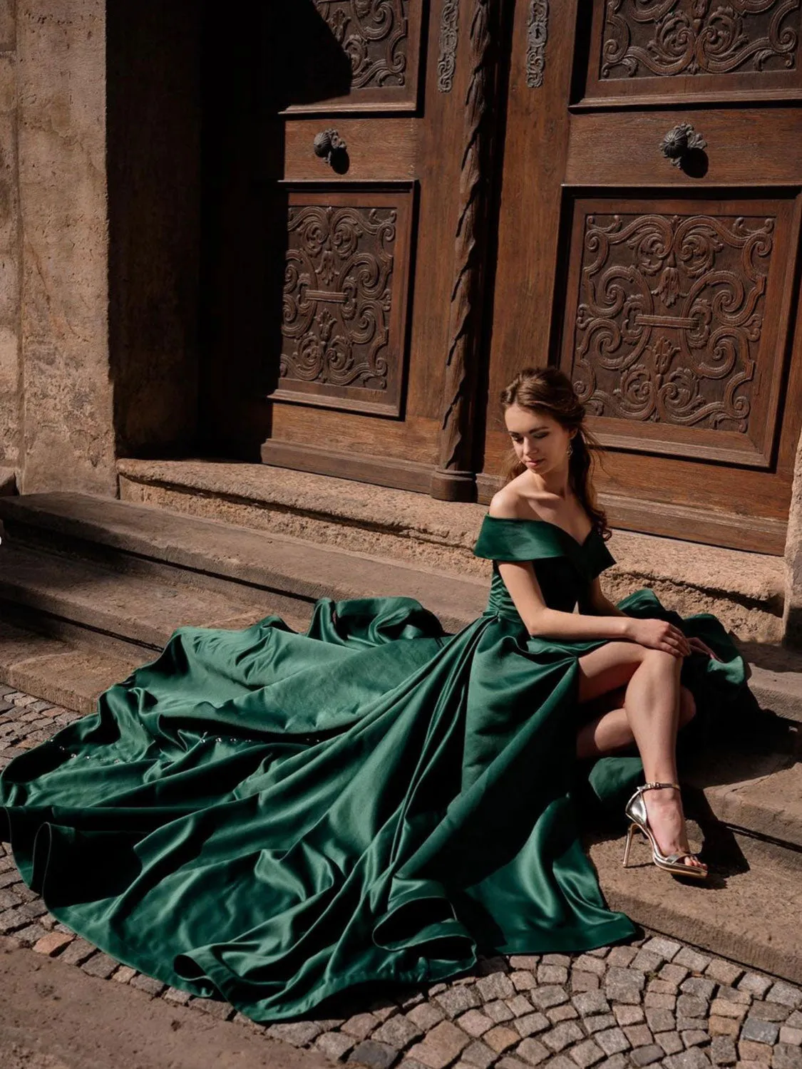 Simple green off shoulder satin long prom dress, green evening dress