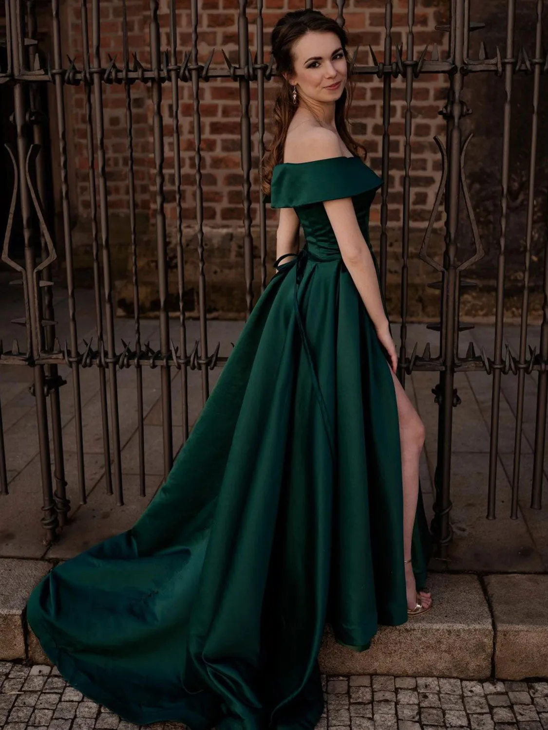 Simple green off shoulder satin long prom dress, green evening dress