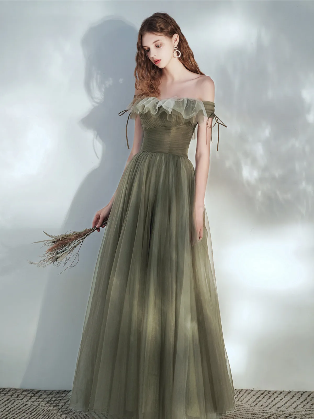 Simple green tulle long prom dress, green tulle formal dress