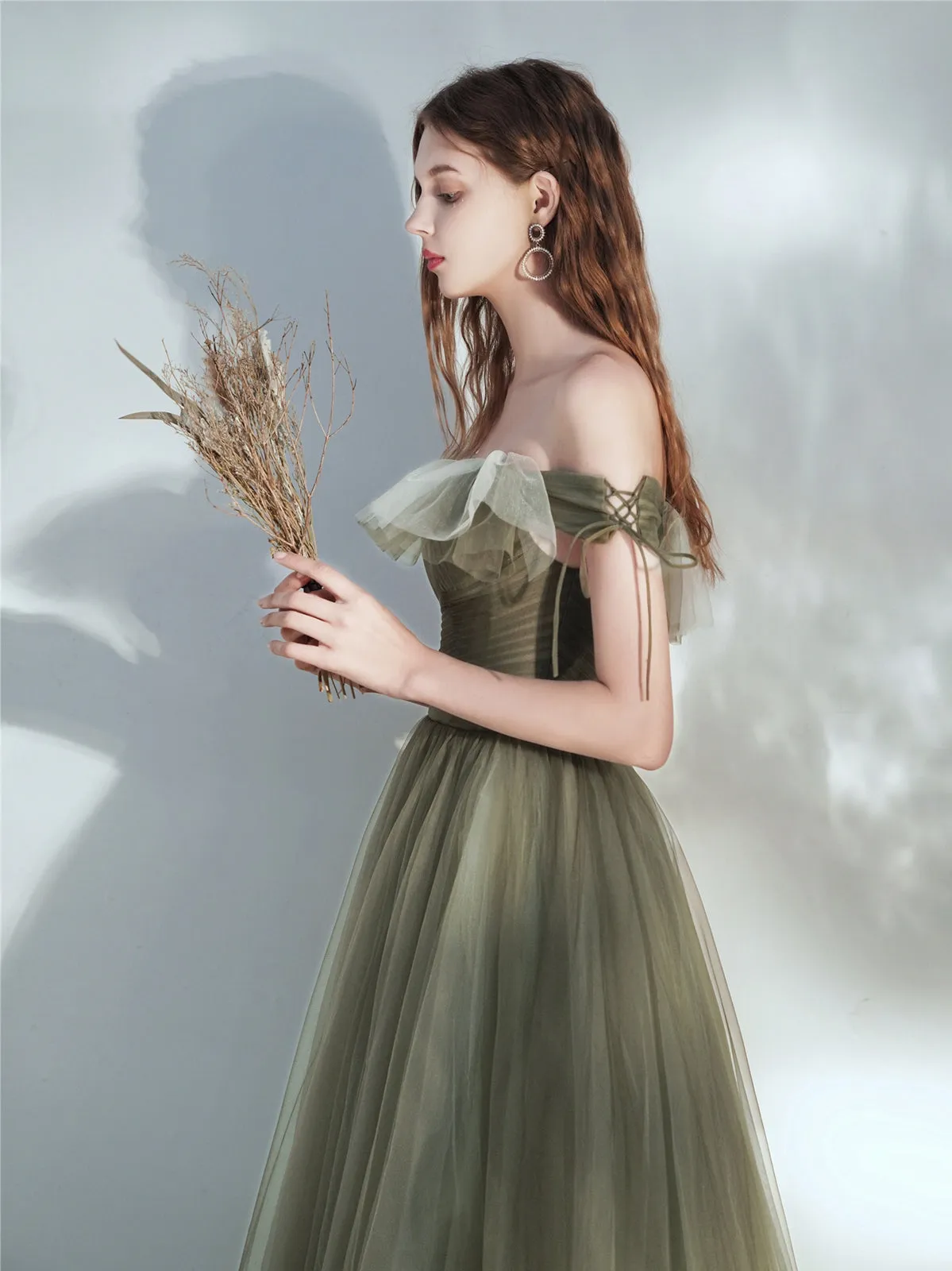 Simple green tulle long prom dress, green tulle formal dress