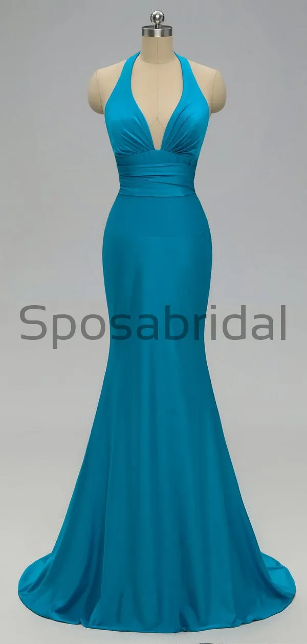 Simple Halter Blue Pink White Mermaid Modest Prom Dresses PD2236
