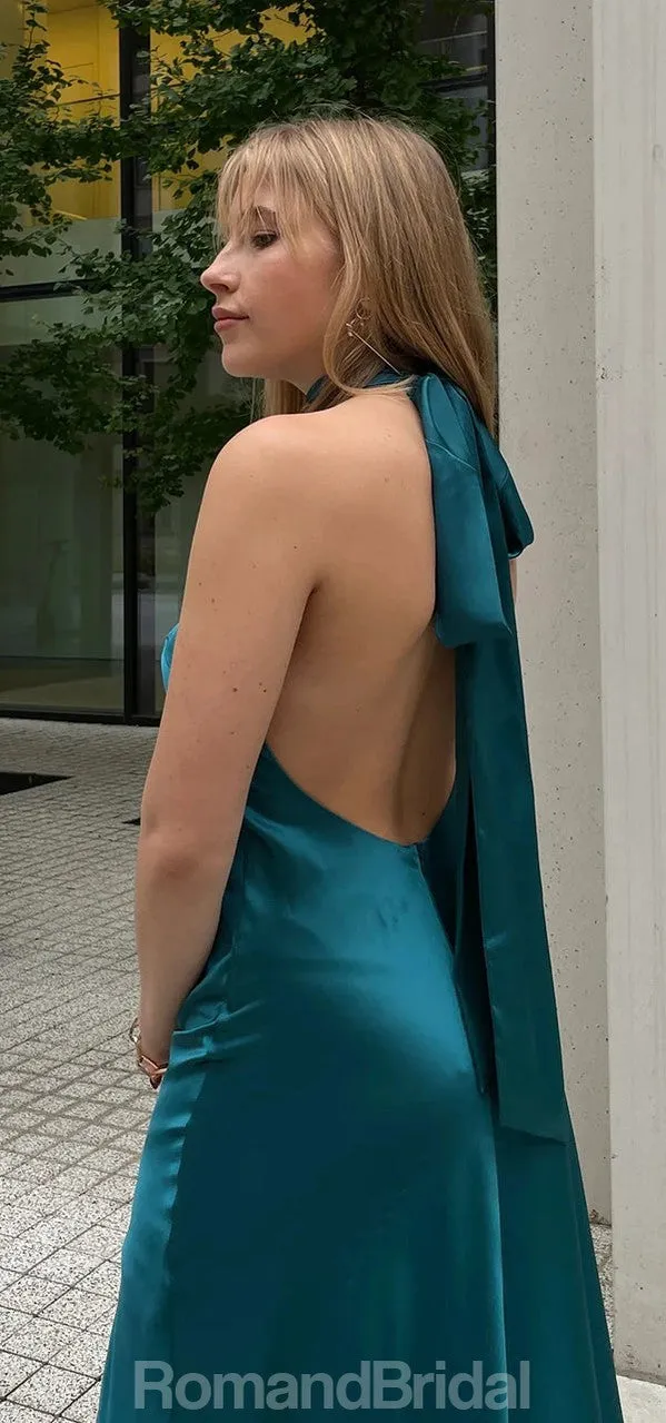 Simple Halter Mermaid Backless Side Slit Jade Bridesmaid Dresses, BG528
