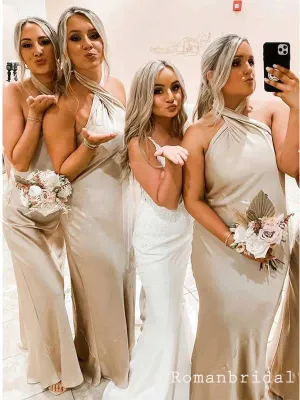 Simple Halter Mermaid Backless Sleeveless Satin Bridesmaid Dresses, BG232