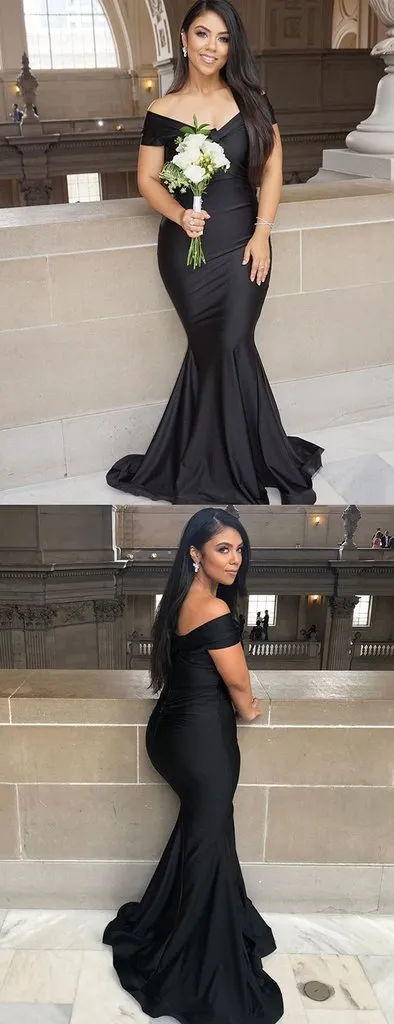 Simple Hot Prom Dresses, Off Shoulder Long Mermaid Black Bridesmaid Dresses, PD1158
