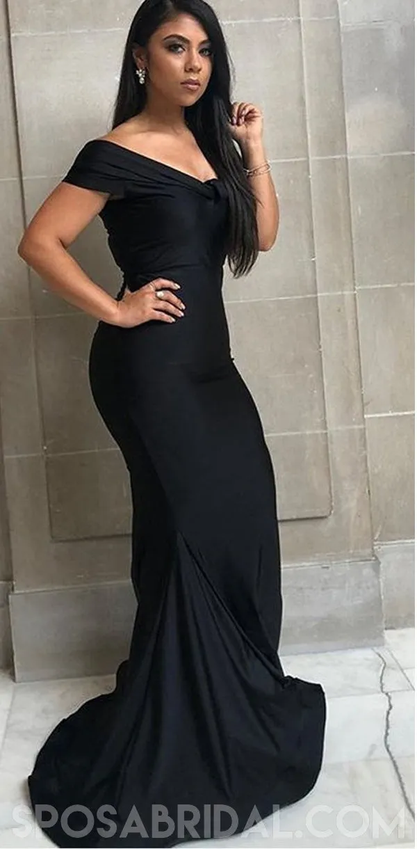 Simple Hot Prom Dresses, Off Shoulder Long Mermaid Black Bridesmaid Dresses, PD1158