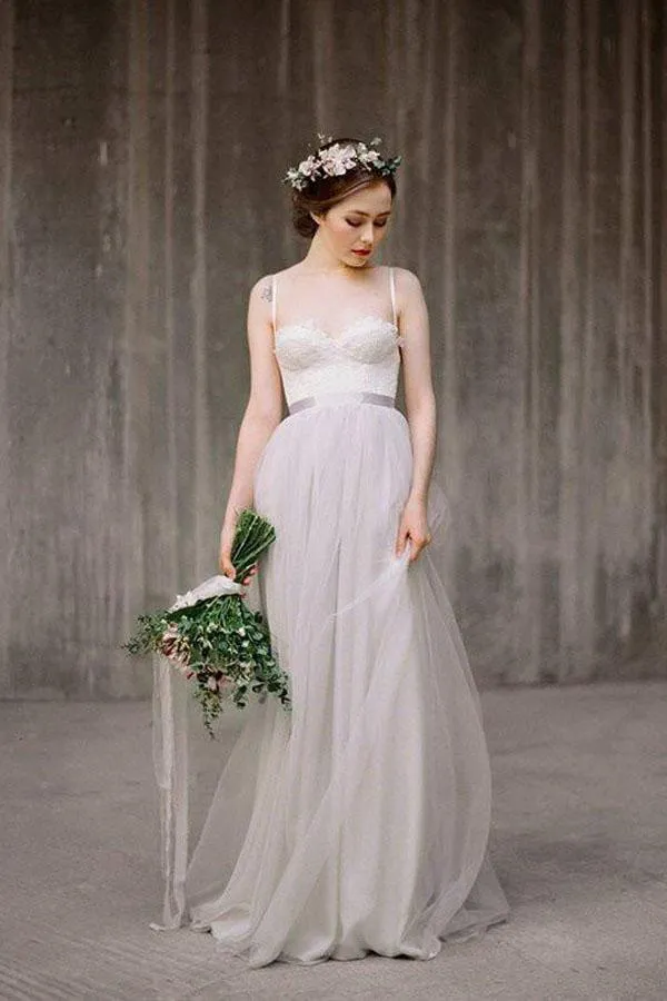 Simple Illusion Spahgetti Straps Tulle A-line Wedding Dresses Online, WD369