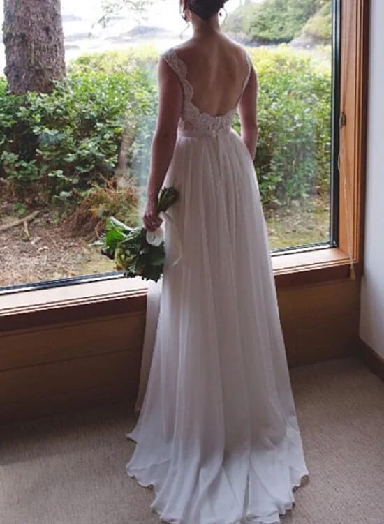 Simple Lace and Chiffon Long Bridal Gown, Wedding Party Dress, Formal Dresses