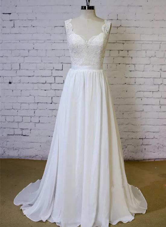 Simple Lace and Chiffon Long Bridal Gown, Wedding Party Dress, Formal Dresses