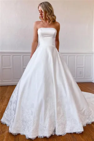 Simple Lace Appliqued Long Strapless Satin Off White Wedding Dress with Pockets OKY65
