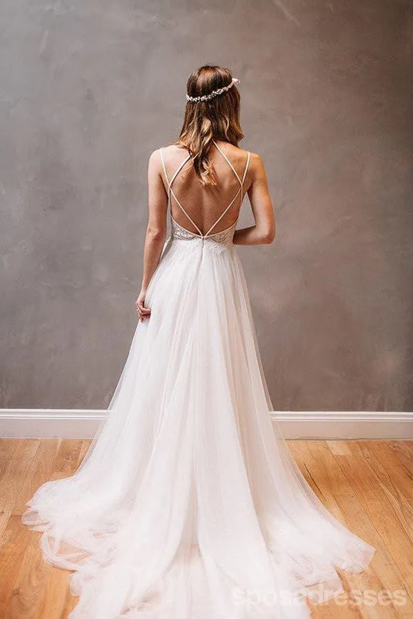 Simple Long A-Line Backless Wedding Dresses, Tulle Wedding Party Dresses, WD0013