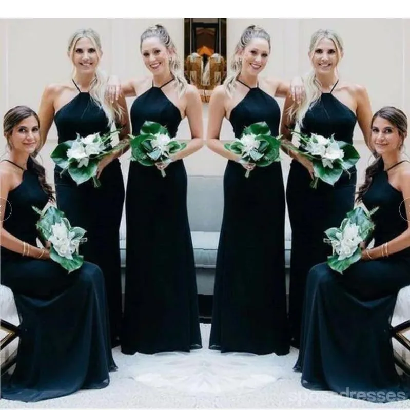 Simple Mermaid Black Halter Cheap Long Bridesmaid Dresses Online,WG1163