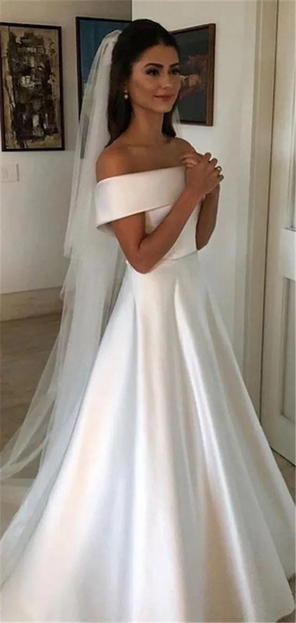 Simple Off-shoulder Ivory Long Stain Wedding Dresses, WD0445
