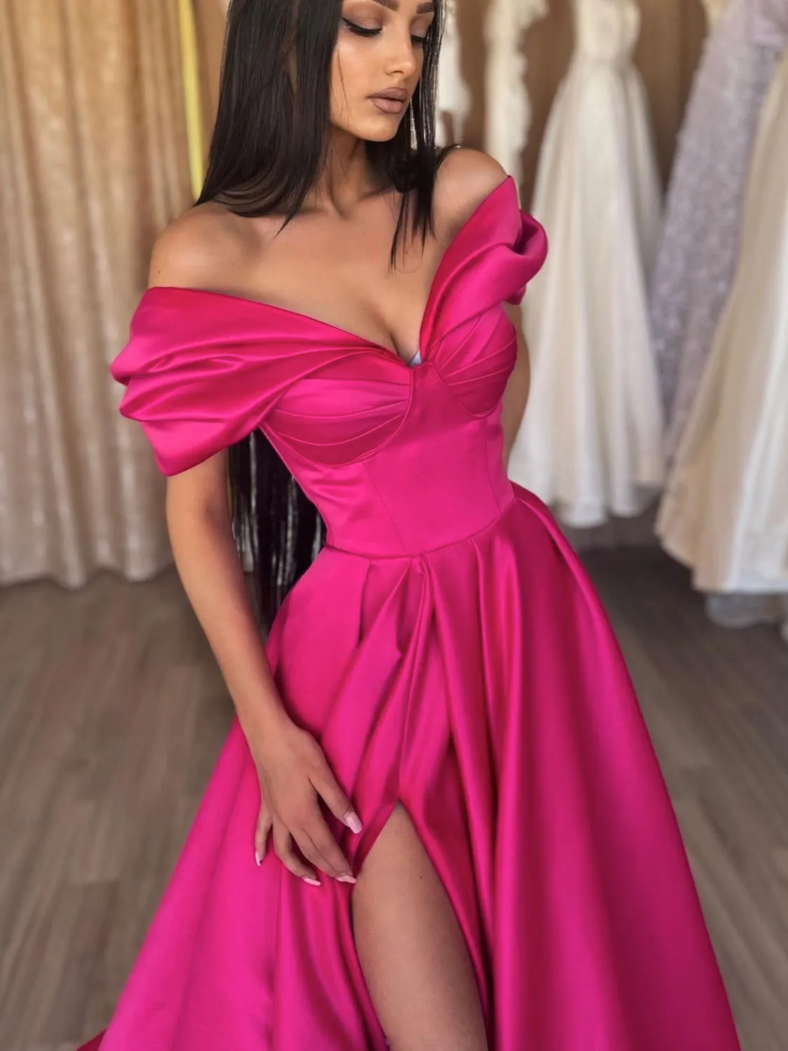 Simple off shoulder v neck satin long prom dress, red evening dress
