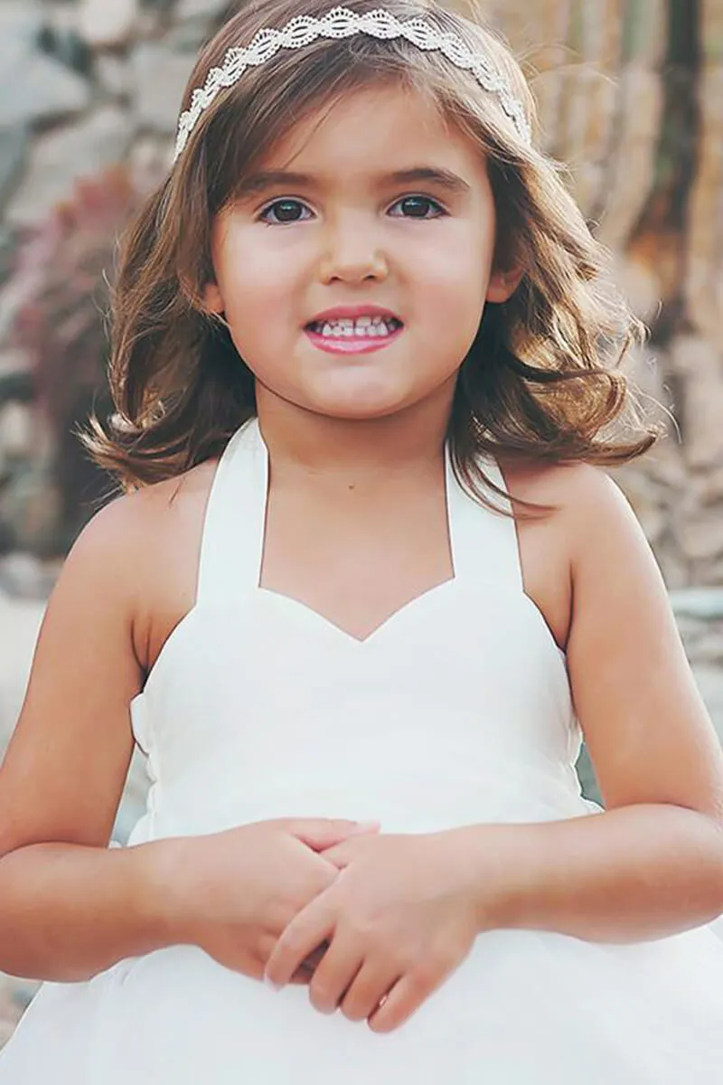 Simple Off White Tulle Haler Cute Flower Girl Dresses, FGS080