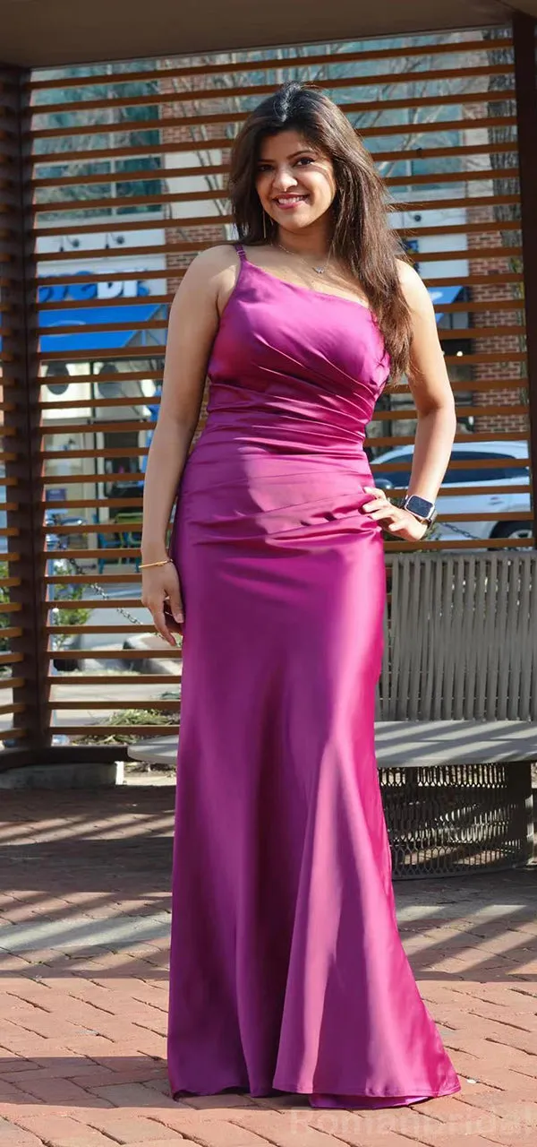 Simple One Shoulder Mermaid Fuchsia Satin Bridesmaid Dresses Online, BG424