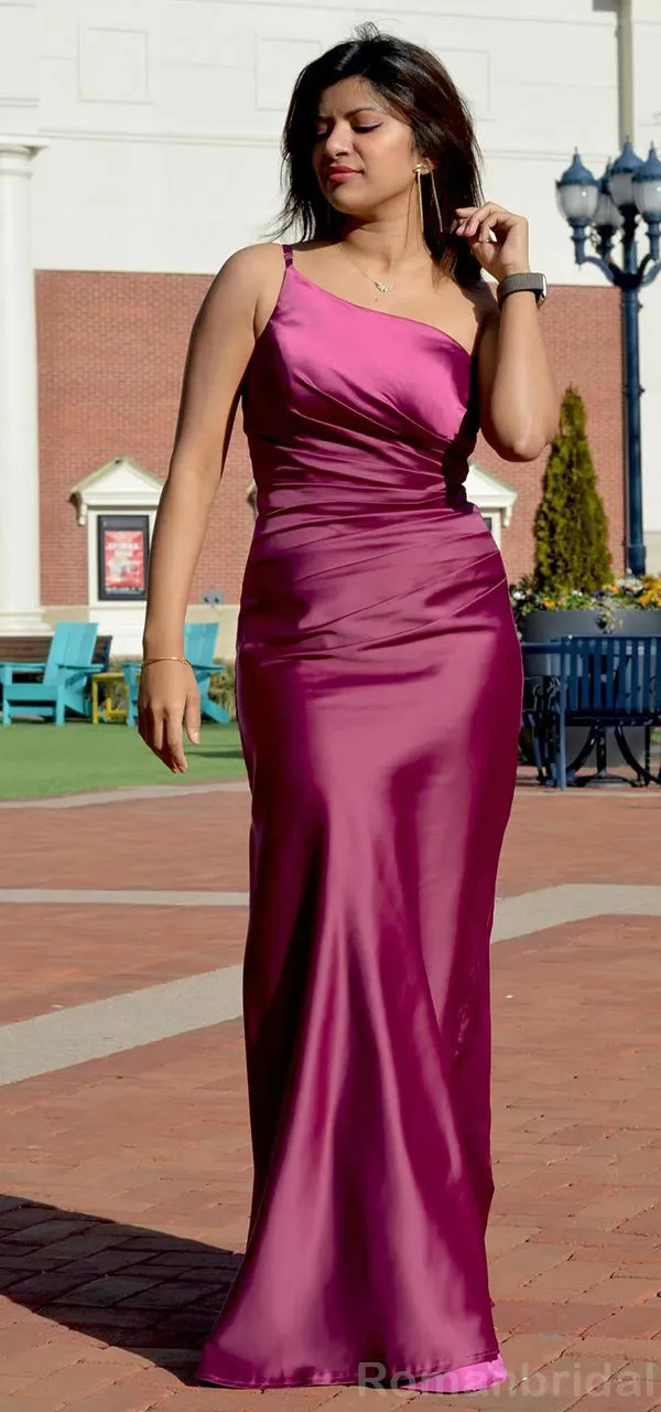 Simple One Shoulder Mermaid Fuchsia Satin Bridesmaid Dresses Online, BG424