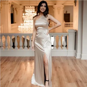 Simple One Shoulder Side Slit Taupe Satin Bridesmaid Dresses Online, BG712