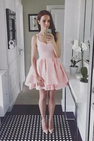 Simple Pink Sleeveless Ruffles A-line Sweetheart Homecoming Dresses MH414