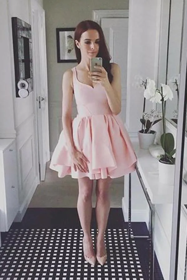 Simple Pink Sleeveless Ruffles A-line Sweetheart Homecoming Dresses MH414