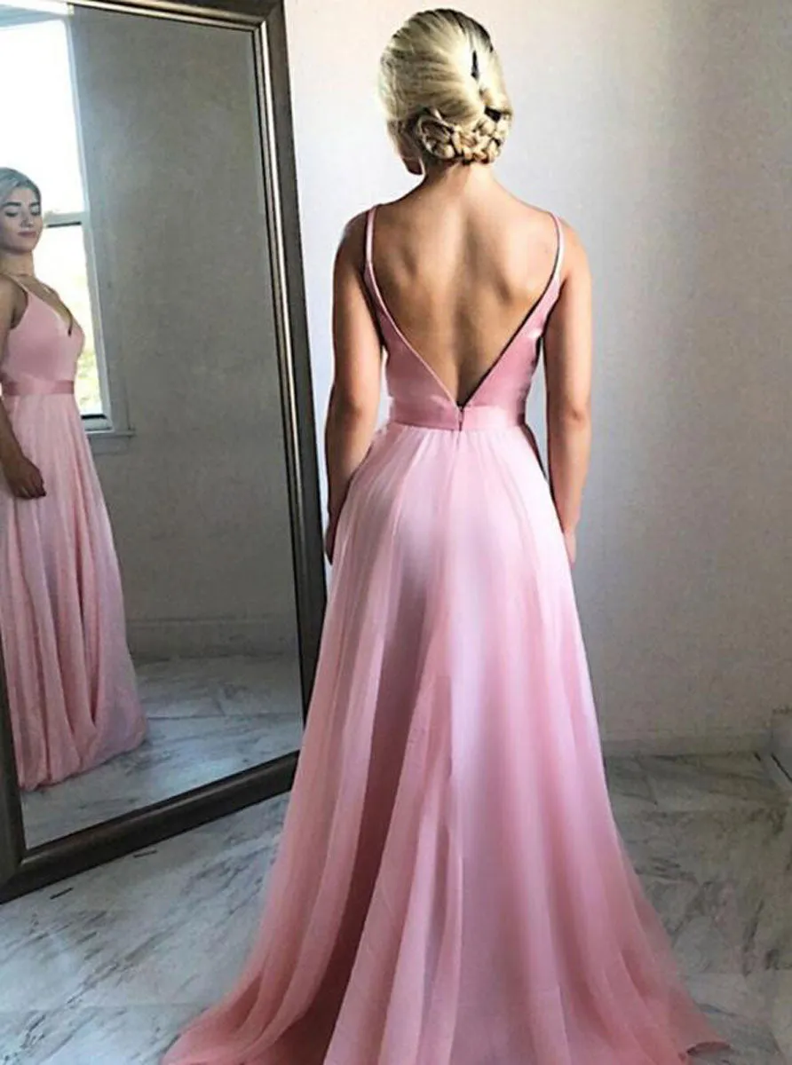 Simple pink tulle long prom dress, pink tulle formal dress