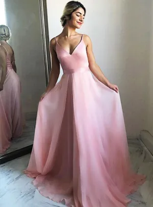 Simple pink tulle long prom dress, pink tulle formal dress