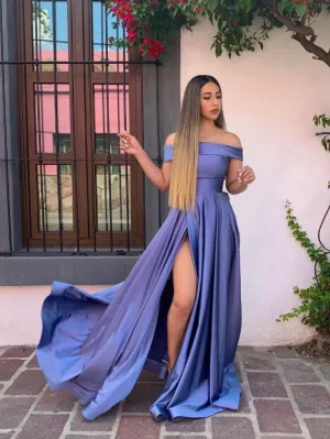 Simple purple off shoulder long prom dress, purple evening dress