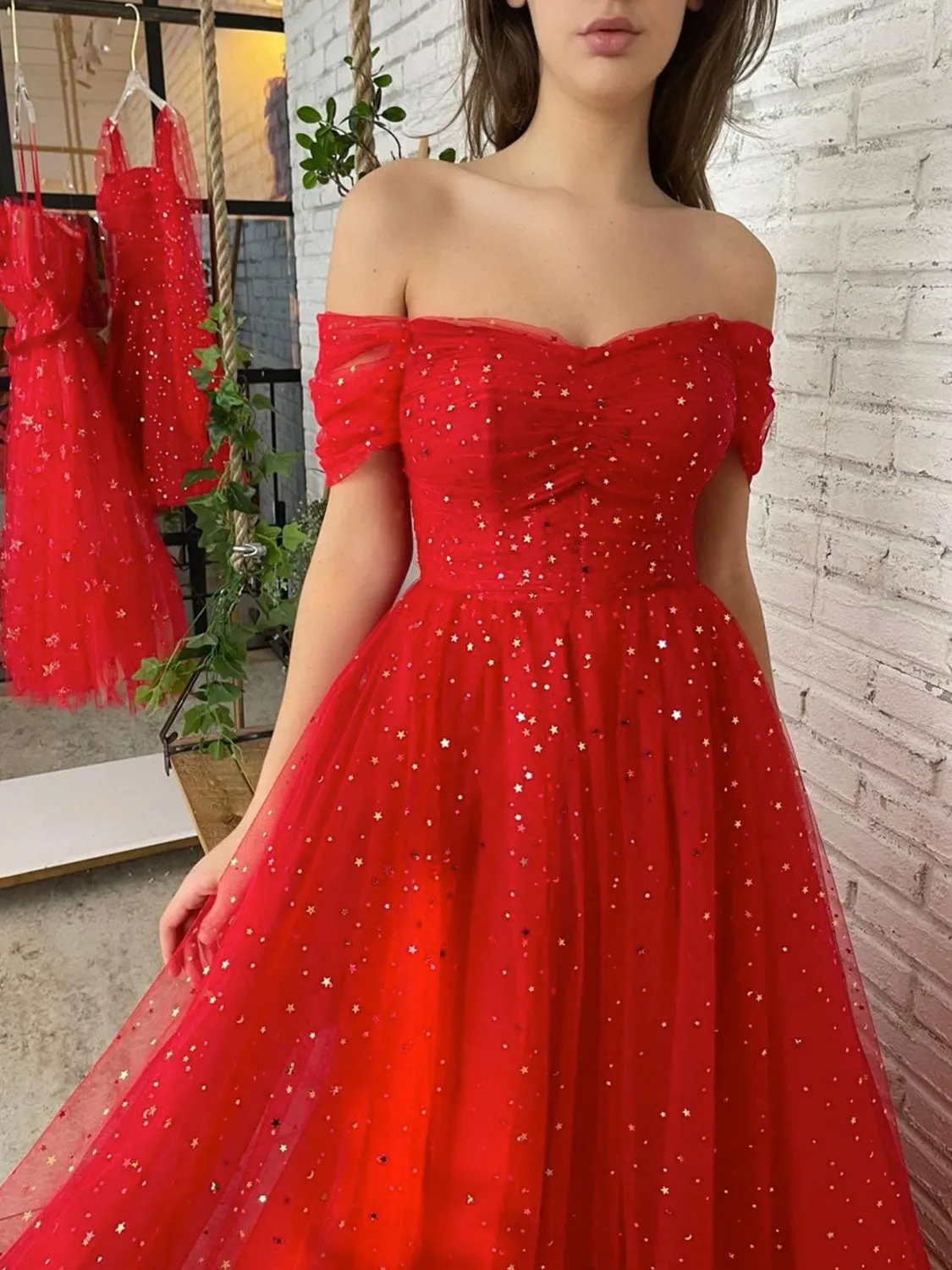 Simple red off shoulder tulle long prom dress, red evening dress