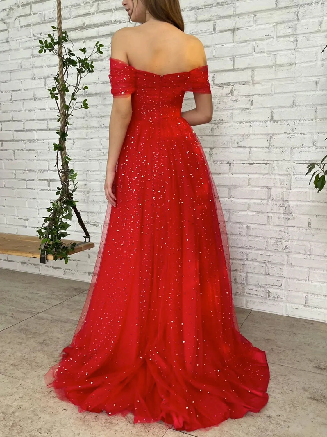 Simple red off shoulder tulle long prom dress, red evening dress