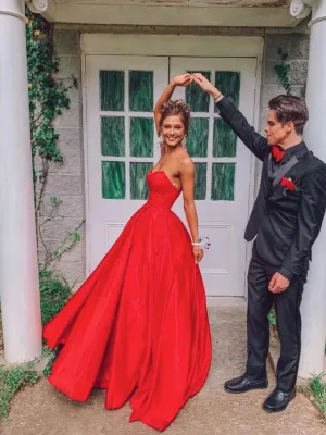 Simple red satin long prom dress red evening dress
