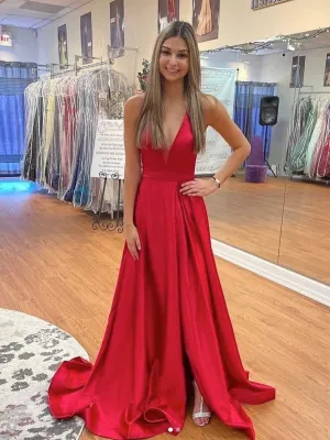 Simple red v neck satin long prom dress, red evening dress