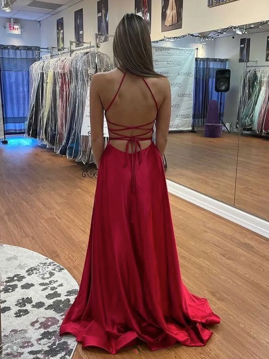 Simple red v neck satin long prom dress, red evening dress