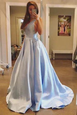 Simple Satin A-line V-neck Lace Up Long Prom Dresses with Pockets, MP417