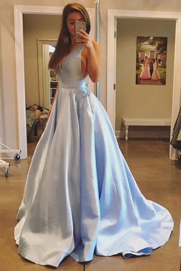 Simple Satin A-line V-neck Lace Up Long Prom Dresses with Pockets, MP417