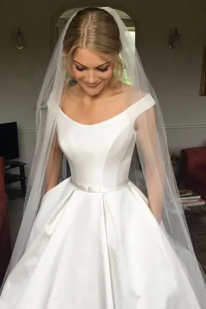 Simple Satin Wedding Dress Chapel Train A-line Bridal Dress With Pockets OKW25
