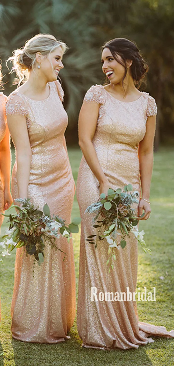 Simple Scoop Neck Mermaid Sequin Long Bridesmaid Dresses Online,RBWG0074