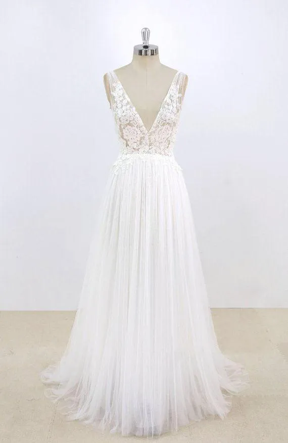 Simple Sexy Deep Low V Neck Small A-line Cheap Dresses For Wedding, WD398